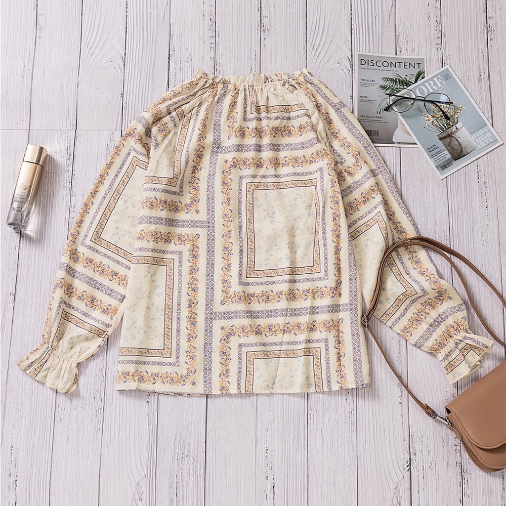 Beige V Neck Lantern Sleeve Drawstring Tribal
Print Top Bohemian Blouse - Picture 11 of 15